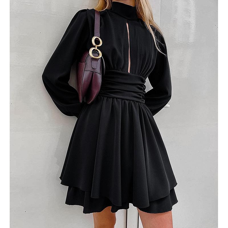 European and American Chiffon New High Neck Long Sleeve High Waist A-Line Dress Fashion Short Dress for Women