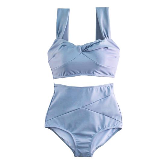 

Комплект бикини-бандо с мягкими чашечками, сексуальный однотонный женский купальник с высокой талией для отдыха L светло-синий