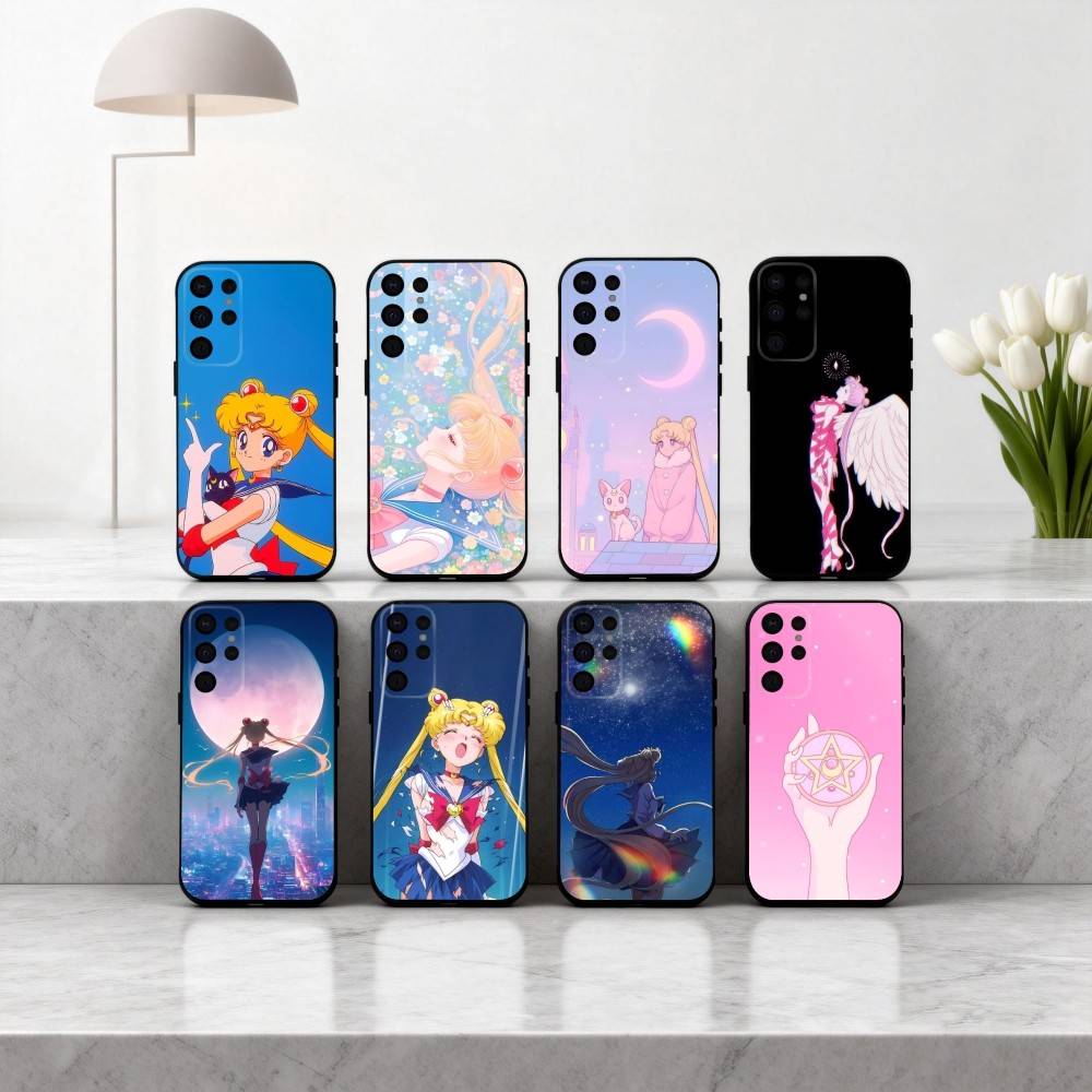 Sparkle Pastel S-Sailor M-Moons Phone Case For Samsung S25,24,23,22,30,21,10,9,Ultra,Plus,Lite,FE,4,5 G Soft Black Case