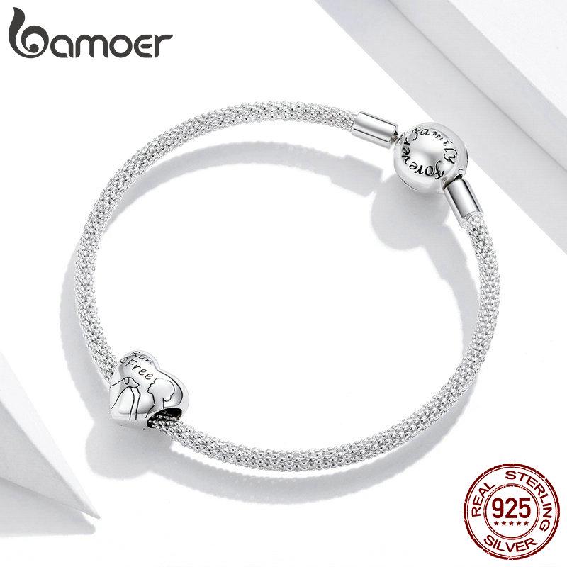 Bamoer Authentic 925 Sterling Silver Heart-shaped Charm Women Love with Pet Bead Jewelry Fit 3mm Snake Bracelet or Necklace DIY Jewelry
