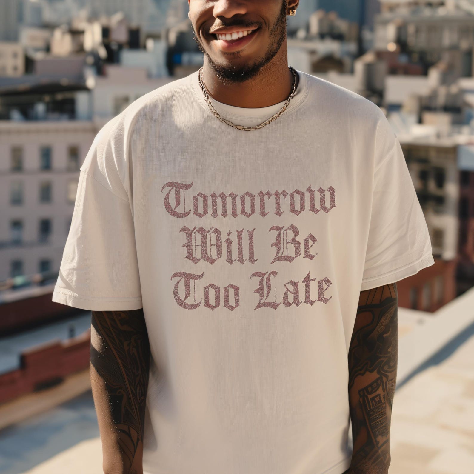 Gothic Tee – “Tomorrow Will Be Too Late” Distressed Blackletter Dark Academia T-Shirt L