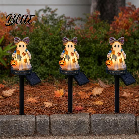 Solar Self-charging Lamp Ghost Garden Stake Light Halloween Pumpkin Lantern with Bow Lawn Decor Waterproof Resin Outdoor Yard for Pathway Decoration