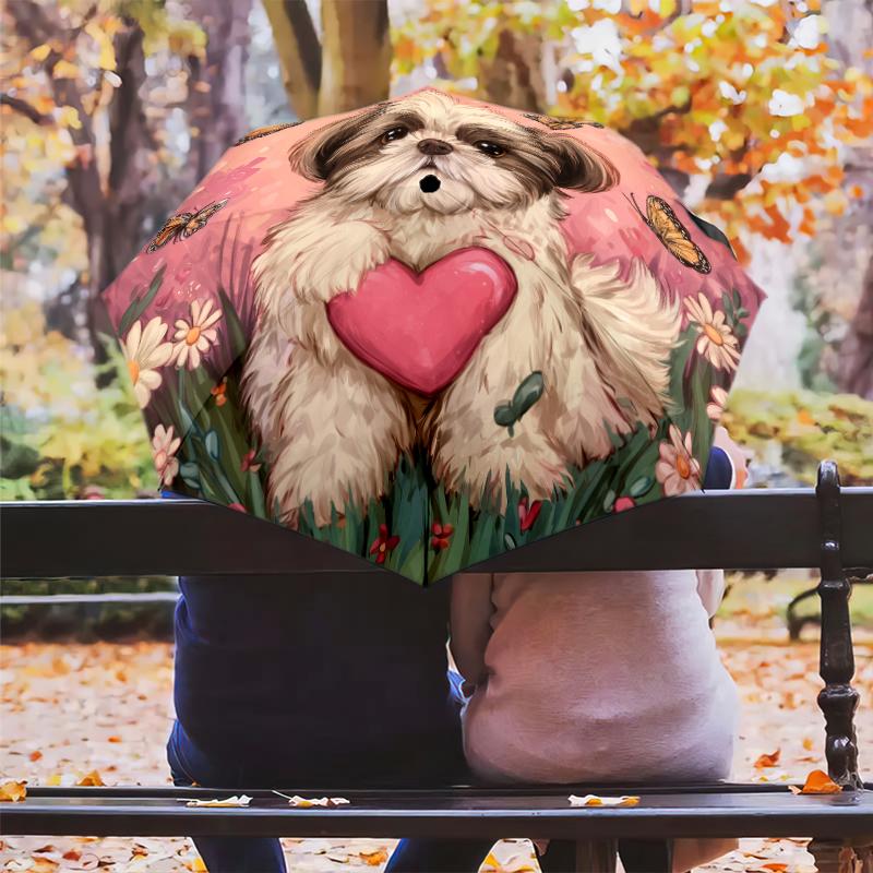 Heart and Shih Tzu pattern, automatic folding umbrella, portable and foldable design, 8 ribs, a Christmas or birthday gift.