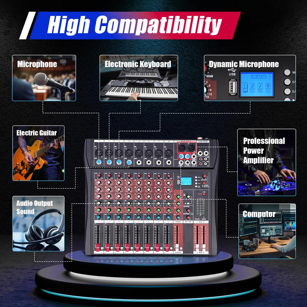 AC 110V Professional 8 Channel Mixing Console Audio Mixer Bluetooth Digital USB MP3 Input 48V Phantom Power Stereo DJ Studio