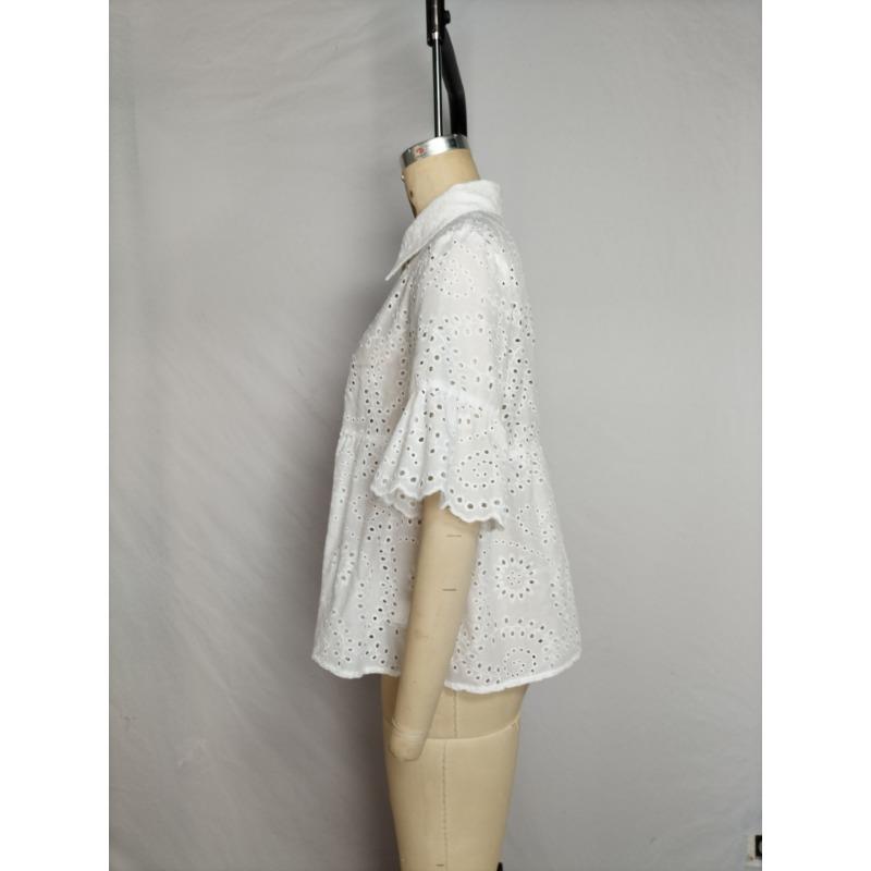 Womens Eyelet Embroidery Peplum Shirt With Point Collar And Ruffle Short Sleeve Casual Blouse