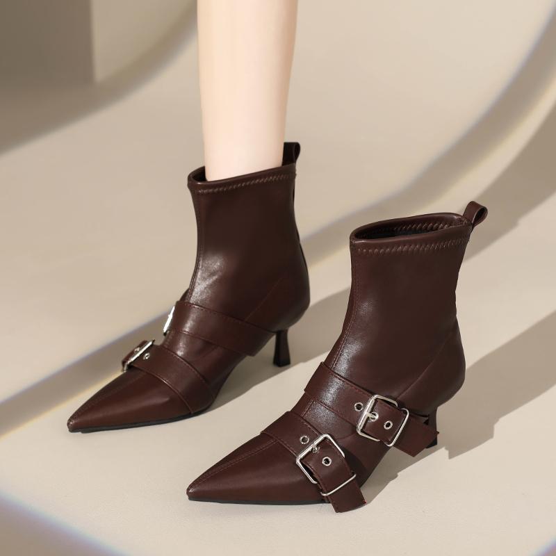 Fashion Vintage Stiletto Booties Fall New Pointed Toe Metal Buckle Back Zip Anti-Slip Wear-Resistant Heels