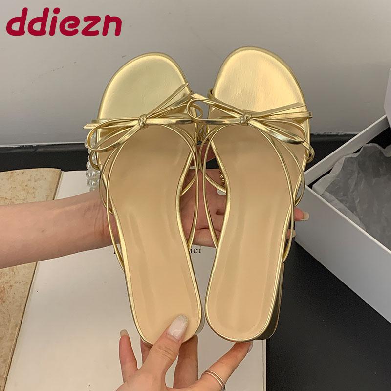 

Fashion Summer Spring Female Slides Ladies Low Heel Slippers Shoes Fashion Butterfly-Knot Women Heeled Slippers Sandals Shoes 35 золотой