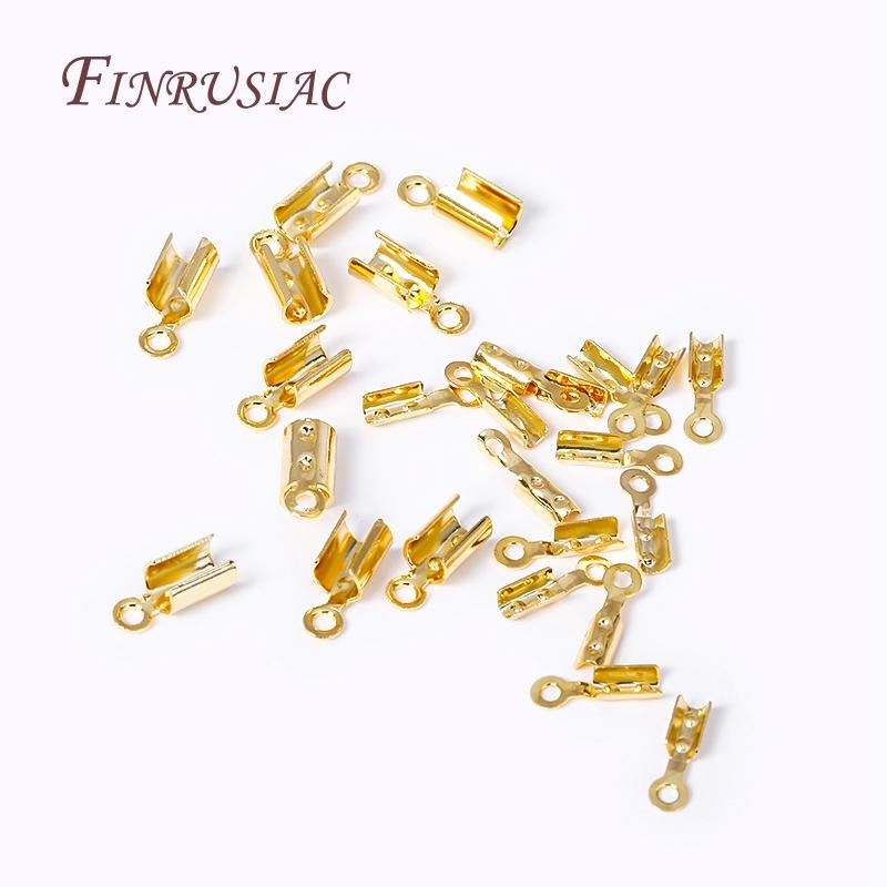 18K Gold Plated Leather Clip Connector Brass Metal Rope Fastener Crimp Fold Over Cord End Cap For DIY Jewelry Making Supplies
