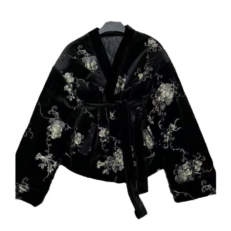 Black Color Flower Printed Embroidered Velvet Fabric African Jacquard Fabrics for Cheongsam Dress Clothing 130cm Width