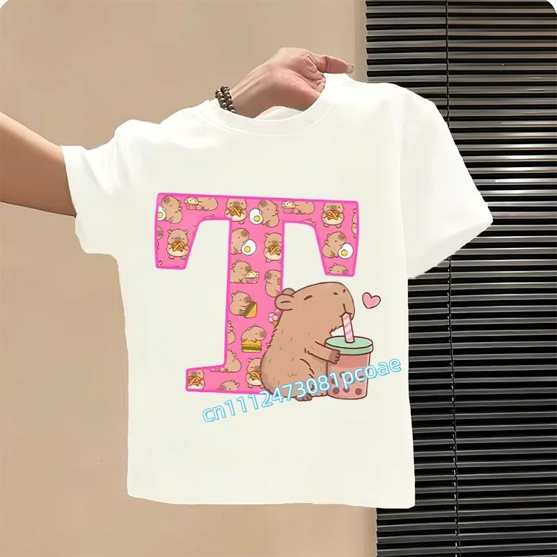 Capibara Cute T-shirt Kids Anime Capybara Letter A-Z Tees Girls Summer Short Sleeve Polyester Tops Children Clothes Gift Hot Sales
