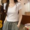 White Round Neck Tight Top Women's Summer Popular Super Popular Versatile Right Shoulder Short Style Slim Stretch Short-sleeved T-shirt Ins