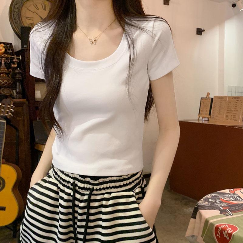White Round Neck Tight Top Women's Summer Popular Super Popular Versatile Right Shoulder Short Style Slim Stretch Short-sleeved T-shirt Ins