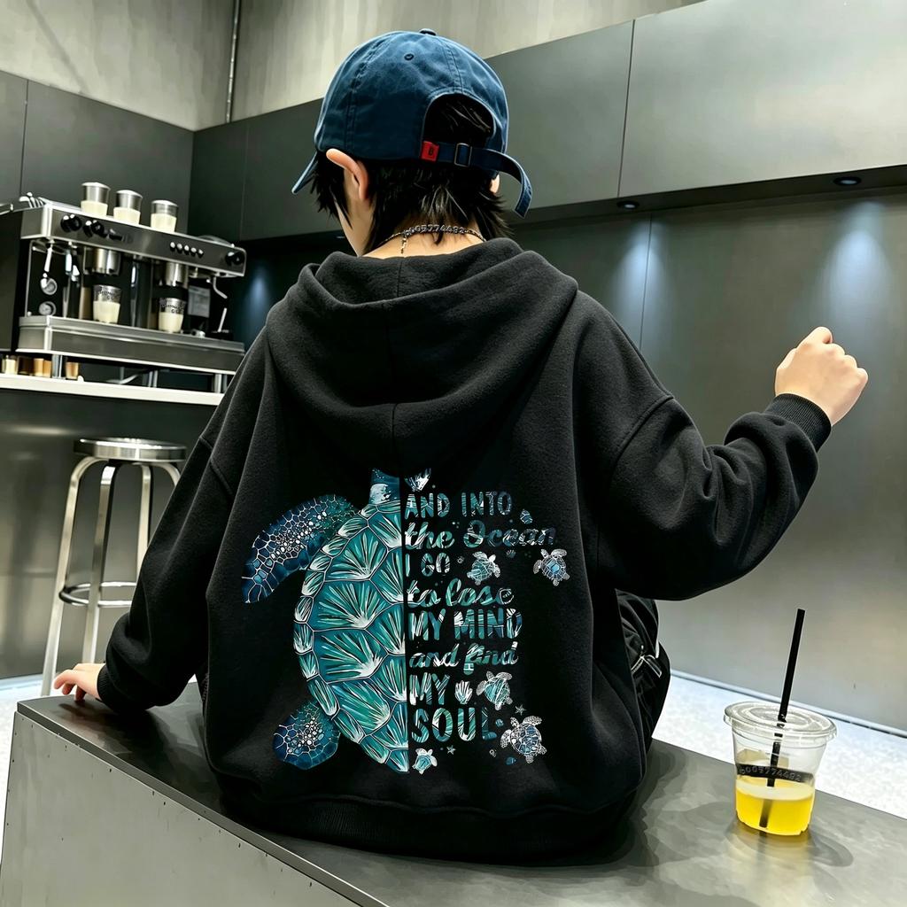 Children's Trend Sea Turtle Pattern Printed Hooded Sweatshirt for Autumn/Winter, Youth and Adult Casual Pullover Top