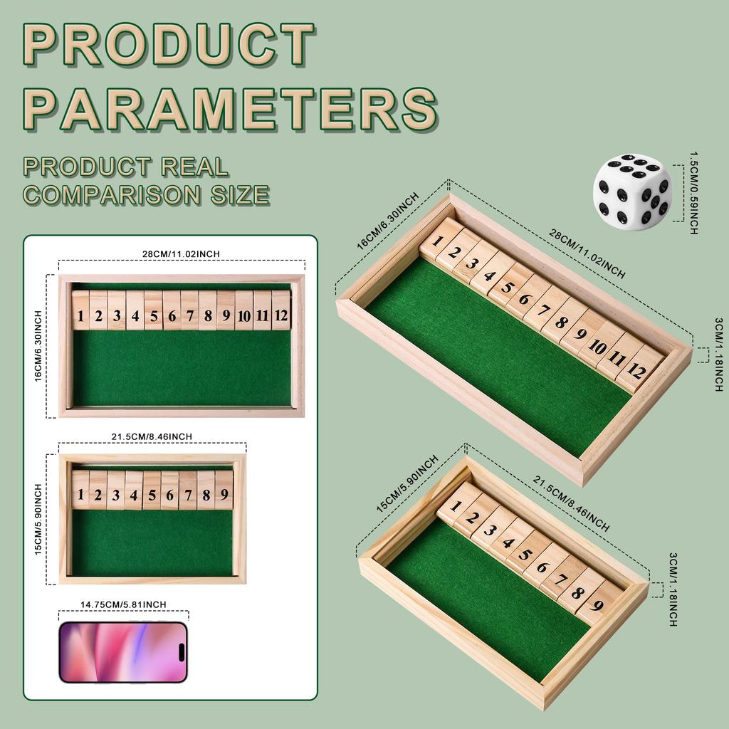 AIUAZA Shutbox Dice Wooden Board Game for 2 Traditional Family Board Fun Math Game for the Holidays Game, Players, Bar, Travel, Game, (Battle Version)