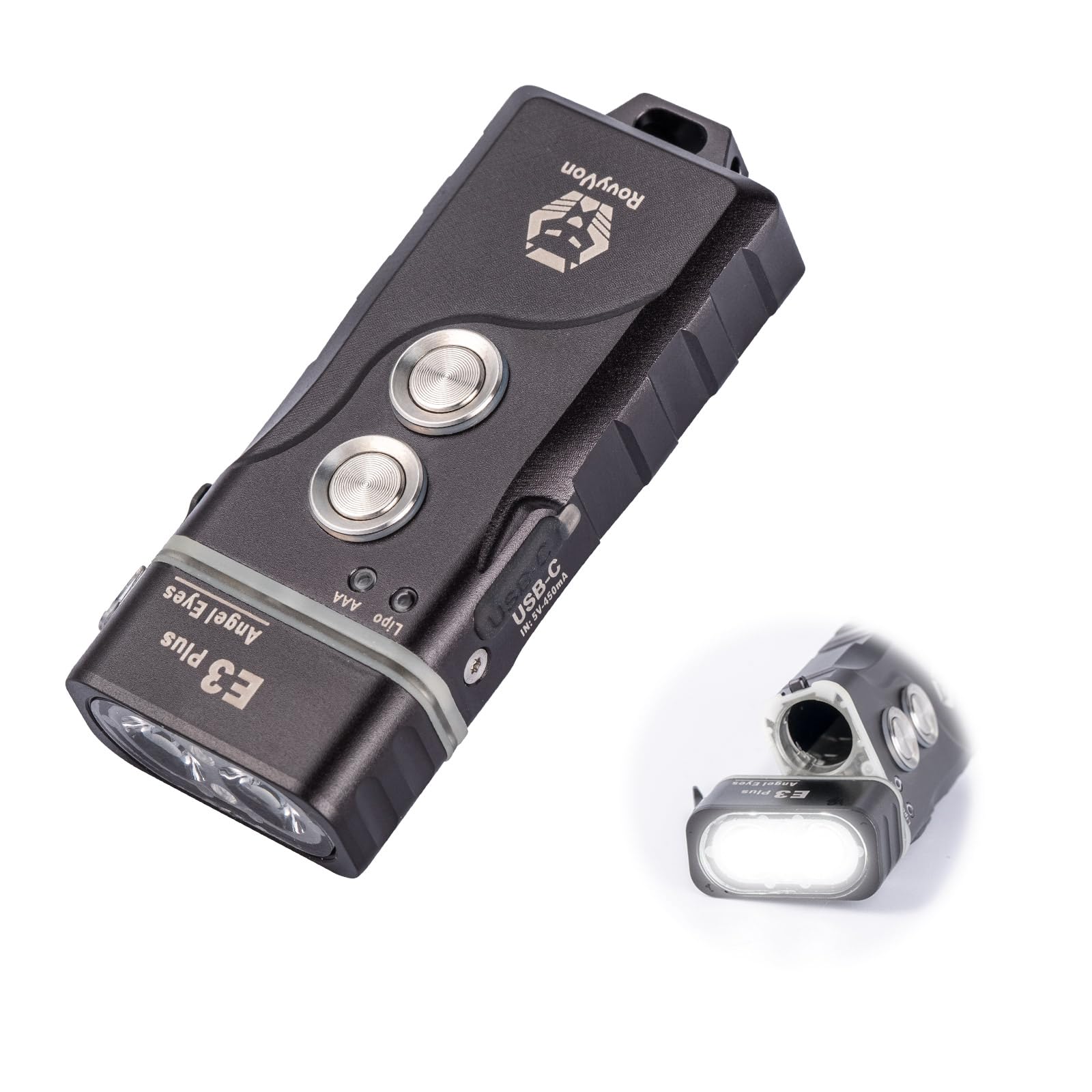 

RovyVon E3 Plus EDC a compact flashlight with a dual power 300mAh battery and one external AAA USB powerful keychain flashlight with up to 700 IPX6