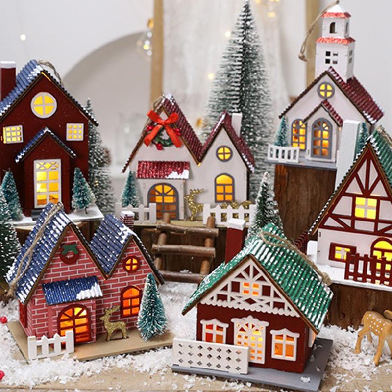 Led Ahşap Noel Evi Mini Noel Kar Evleri Ahşap Kış Köyü Bina Figürinleri Masa Süsleri Tatil Partisi Dekoru