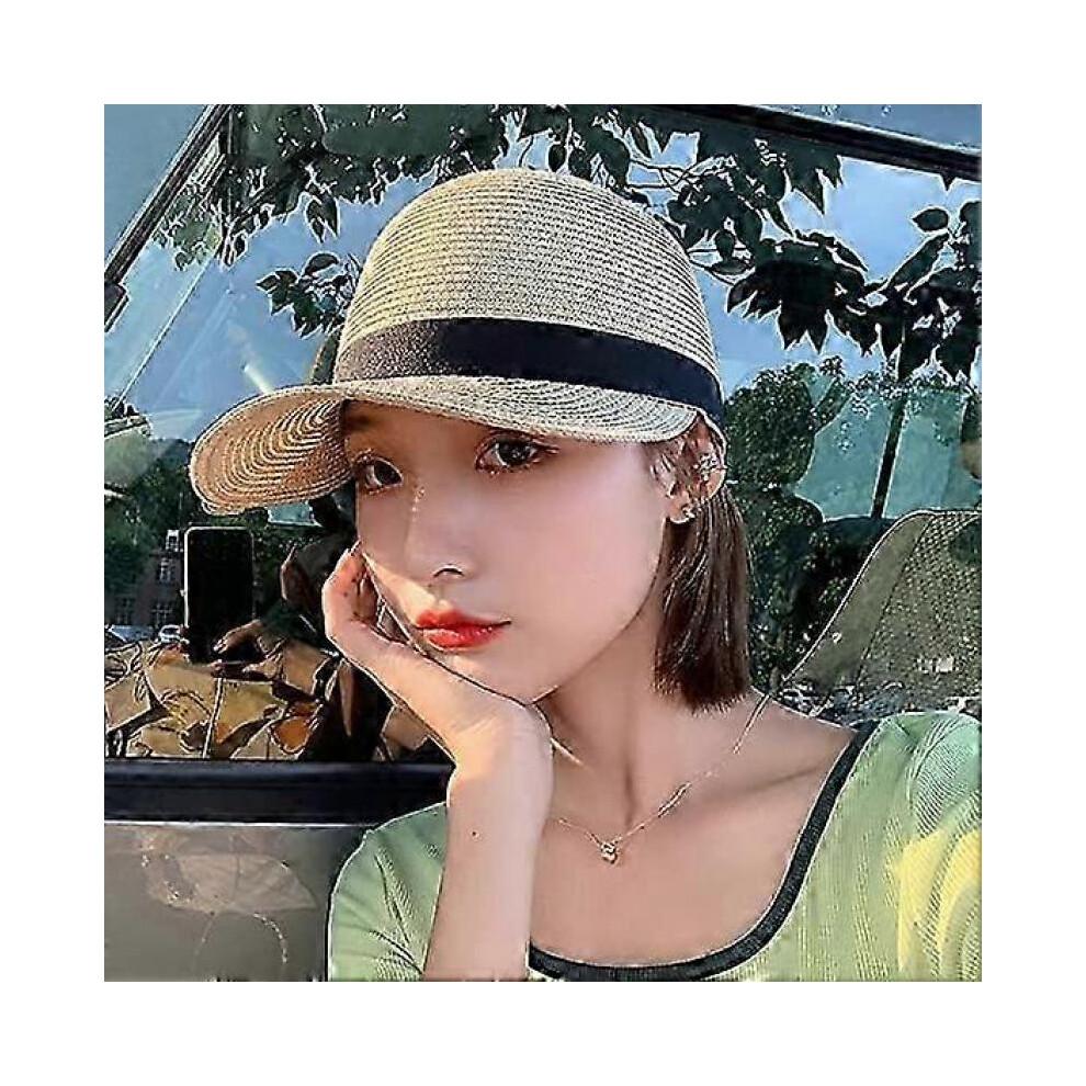 Summer Visor Hats for Women Foldable Floppy Solid Color Straw Sun Hat Travel Beach Baseball Cap
