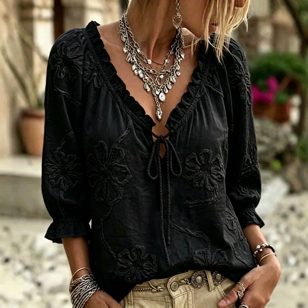 Camicetta Ricamata Floreale Vintage con Scollo a V e Dettagli a Ruffle per Uso Casual