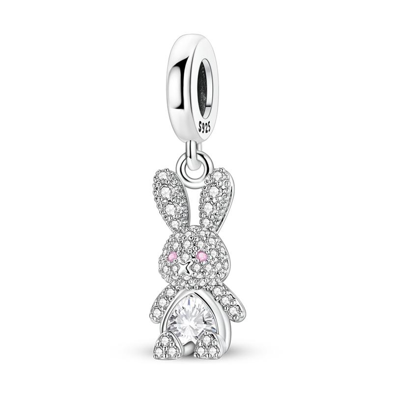 

925 Silver Bead Charm Fully Paved Zircon Rabbit Pendant Fit Bracelet Necklace For Women DIY Gift