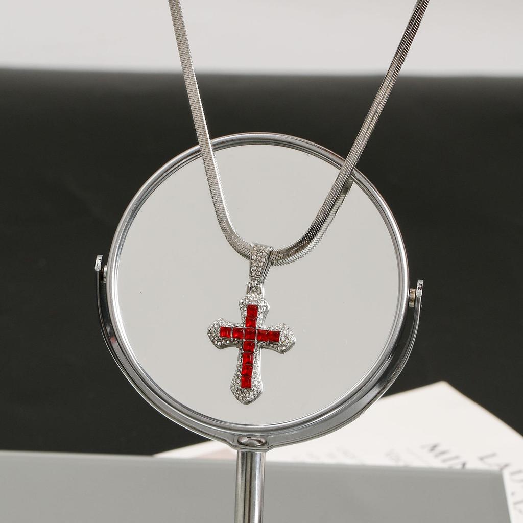 Spicy Girl Shiny Full Diamond Cross Pendant Long Necklace - Non-Fading Hip Hop Halloween Collarbone Chain
