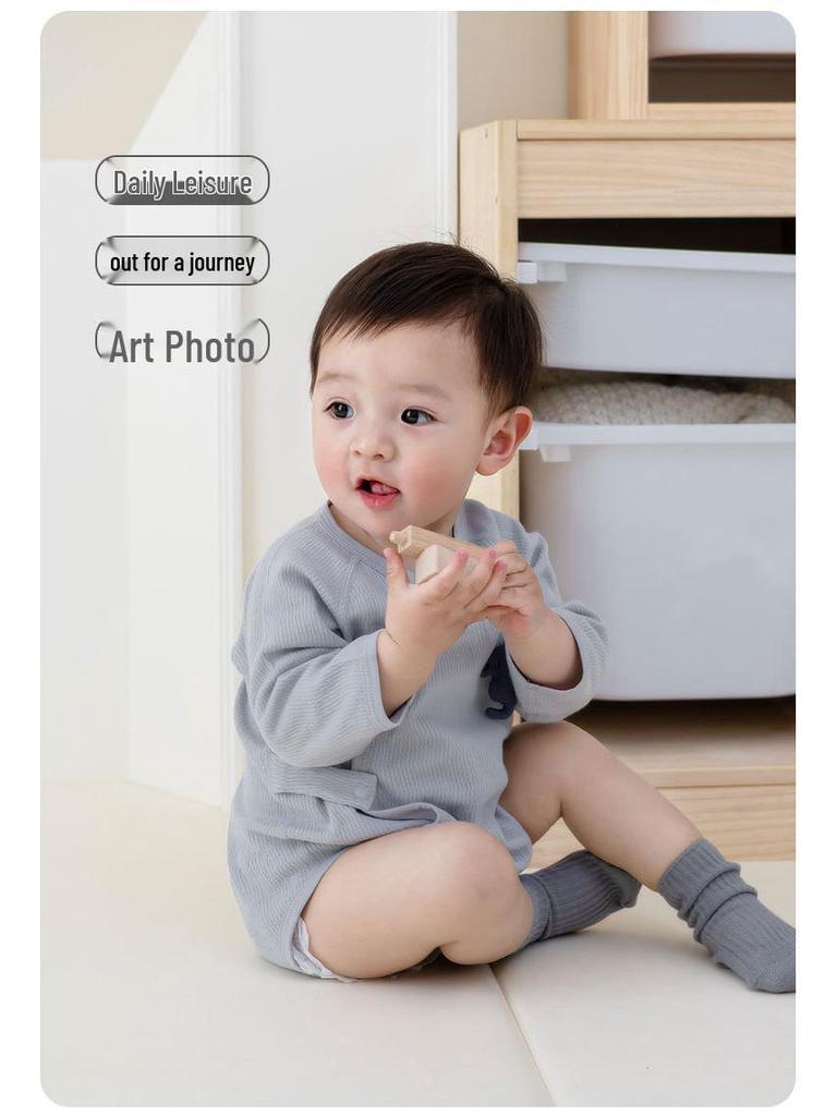 Infant Pure Cotton Long Sleeve Bodysuit with Off-Center Placket - Newborn Spring Romper