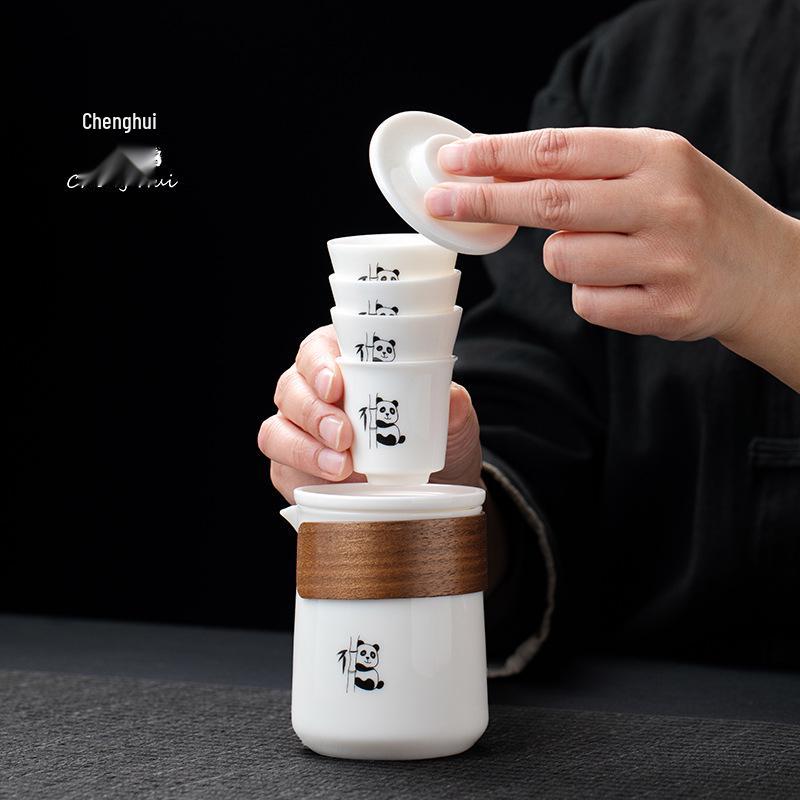 Premium Mutton Fat White Porcelain Panda Travel Tea Set - Portable Kung Fu Set with One Pot and Four Cups for Car, Outdoor, and Camping Use.