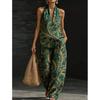 1116 set European and American women's clothing printed neck V-neck sleeveless casual pants set