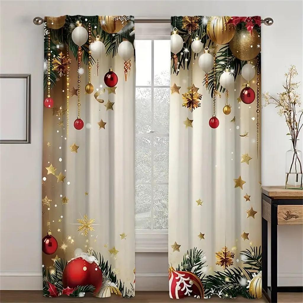 2pc,Christmas Ball Pine Leaves Curtain,With Rod Pocket Mount,Digital Printed Curtains,Polyester Material,For Living Room Bedroom