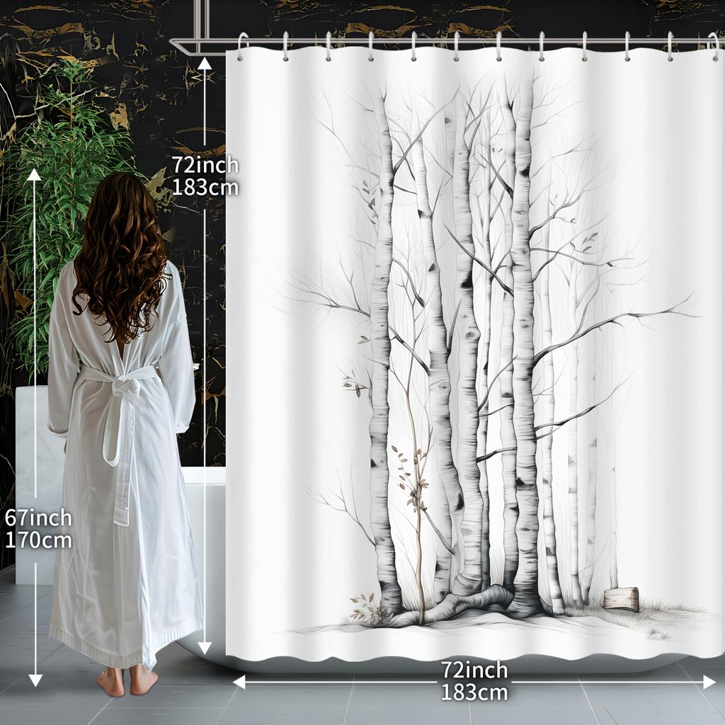 Black And White Tree Branch Shower Curtain - Decorative Bathroom Accessory With Hooks, Grommet Top | All-Season Polyester Fabric