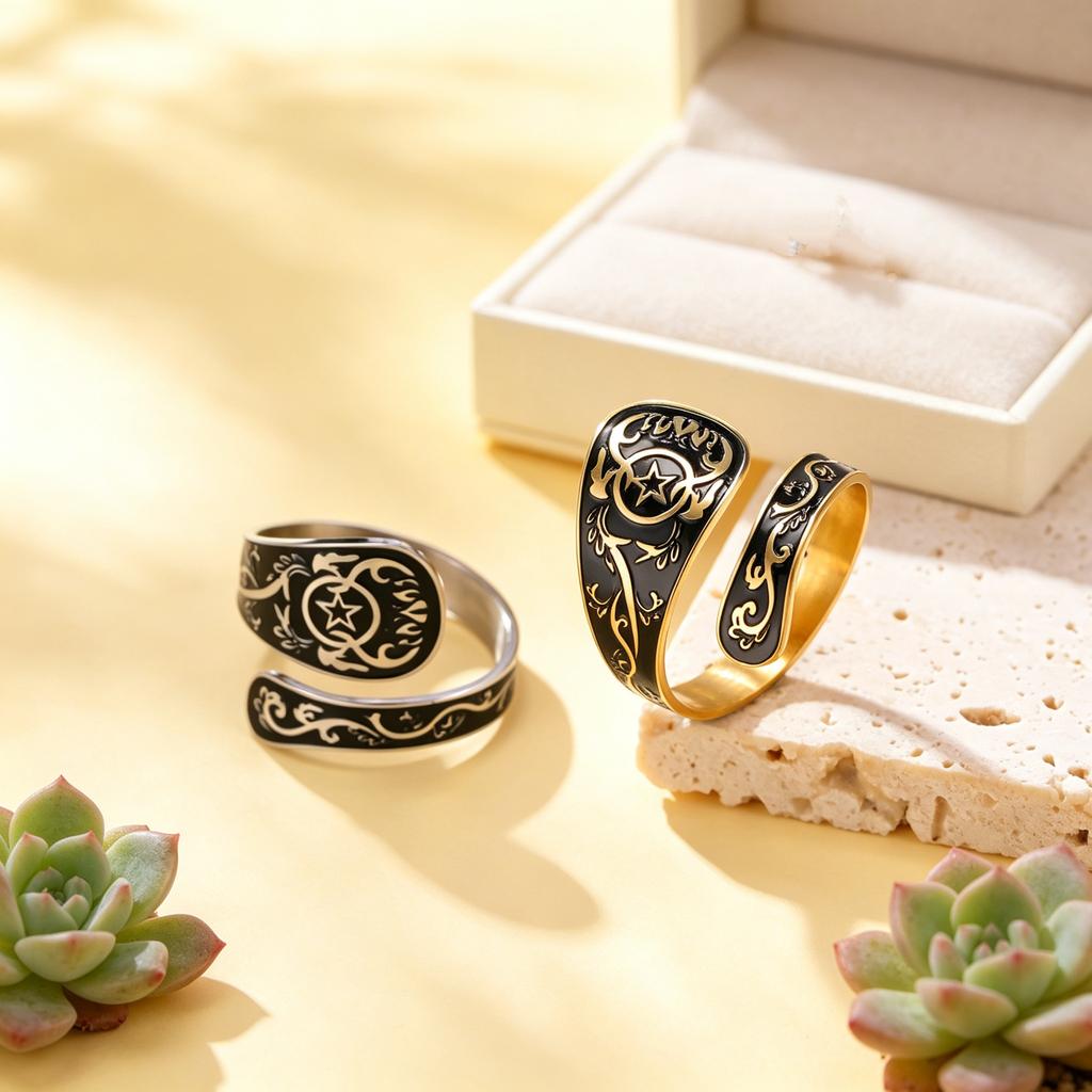 Handsome Retro Pentagram Open Ring Stainless Steel Open Ring Star Spoon Shaped Good Luck Symbol Ring Men's and Women's Jewelry