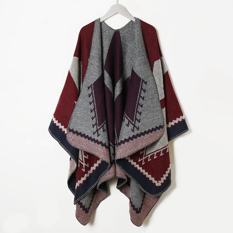 Thickened Split Shawl Fringed Scarf Women'S Knitted Cape Plaid Travel