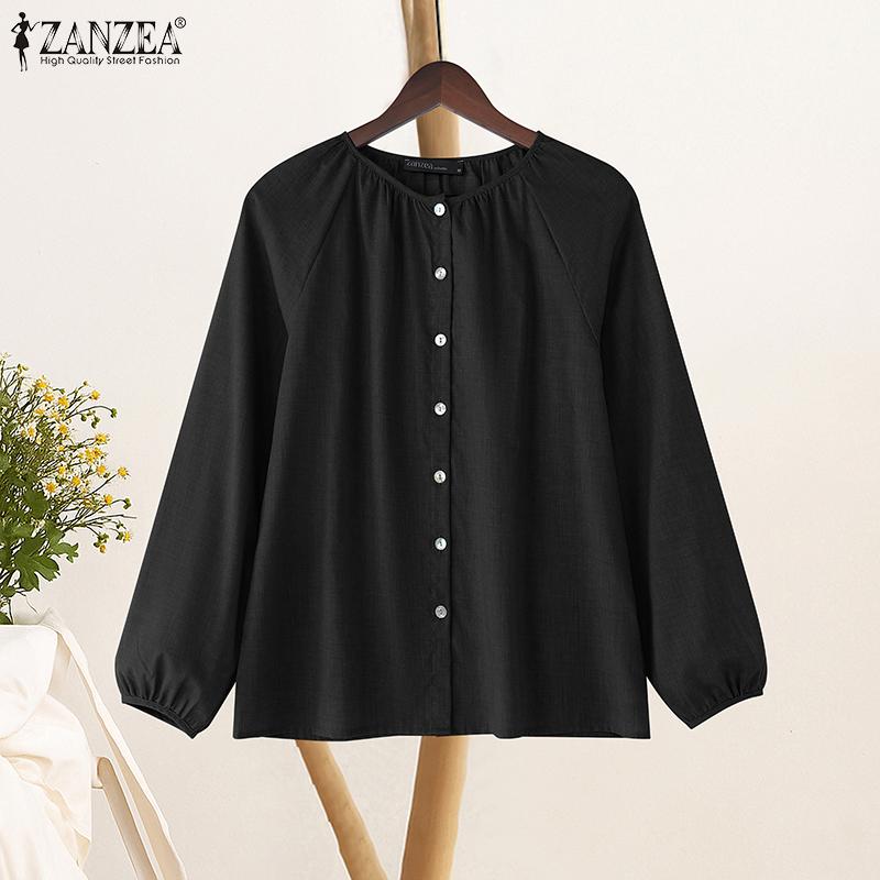 ZANZEA Women Casual Round Neck Solid Color Loose Long Sleeve Blouse