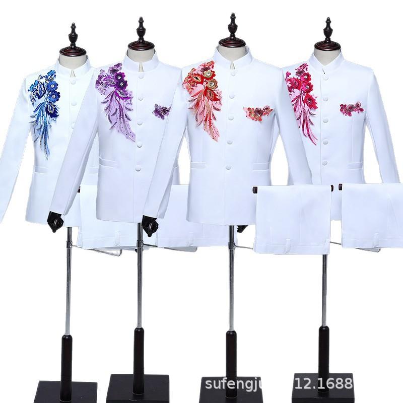 Men's Red Sequined Zhongshan Suit for Stage Performance, Chorus, and Events