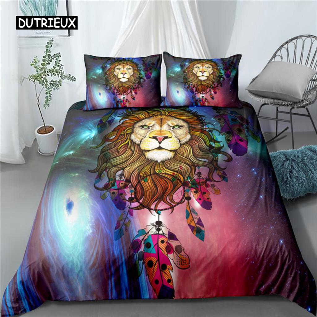 Bettbezug-Set mit Traumfänger-Tiermotiv, weißer Wolf, lila Federn, Mikrofaser, 2/3-teilig, Bettbezug für Kinder, Teenager, Erwachsene