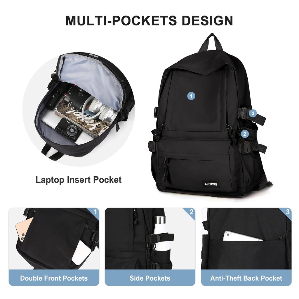 Solid Color School Backpack for Women Men, Multi-pocket Casual High School Girls Boys Laptop Backpacks, Lightweight Cute Bookbag