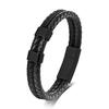 Stainless Steel Engraved Name Bracelet Men Minimalist Double Layer Leather Woven Black Adjustable
