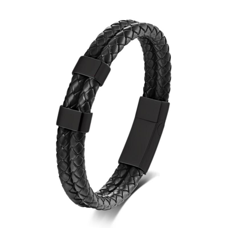 Stainless Steel Engraved Name Bracelet Men Minimalist Double Layer Leather Woven Black Adjustable