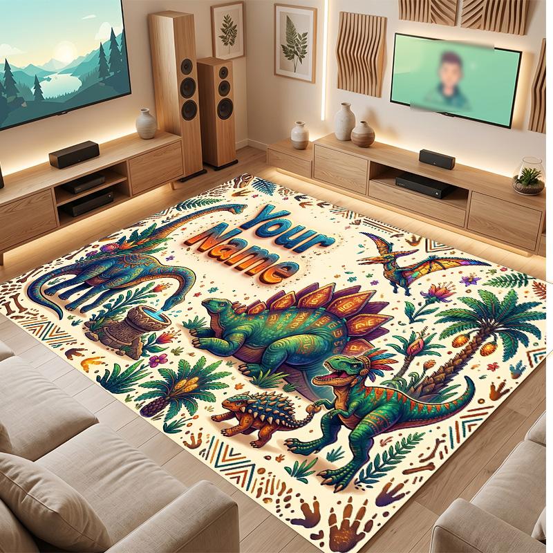 Dinosaur Theme Soft Crystal Velvet Rug Custom Name & Text Print Non Slip Floor Rug for Bedroom Living Room