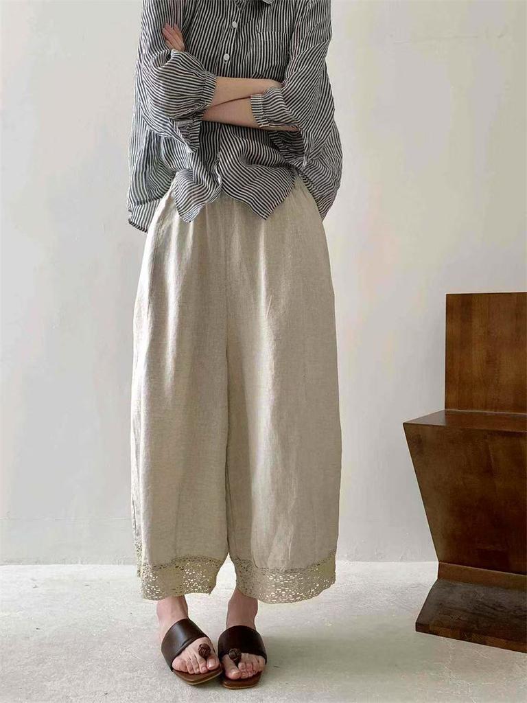 Johnature Japońskie Spodnie Patchworkowe z Koronki Vintage Kobiety Casual Proste Luźne Spodnie Lato