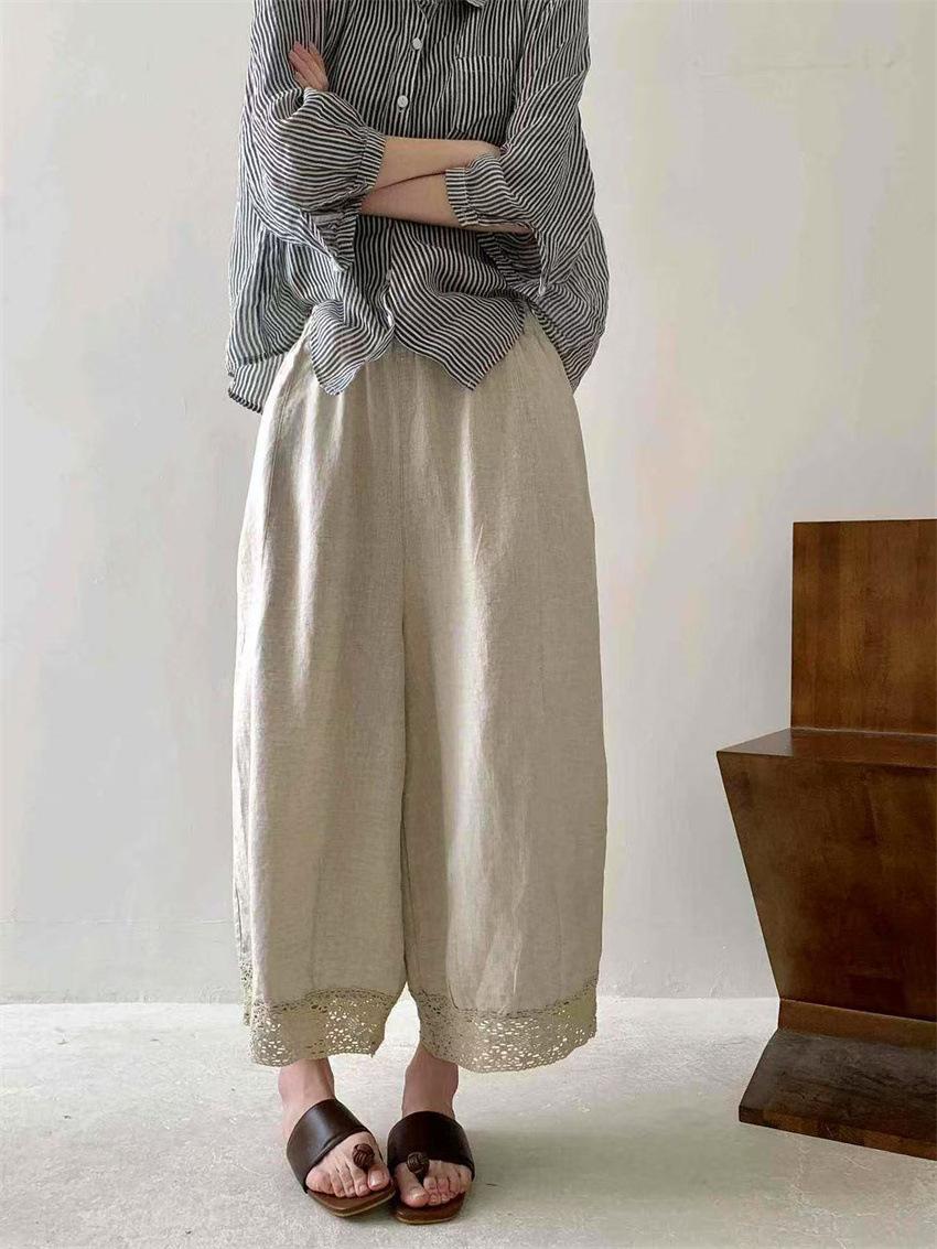 

Johnature Japanese Vintage Lace Patchwork Pants Women Casual Simple Loose Pants Summer One Size бежевий