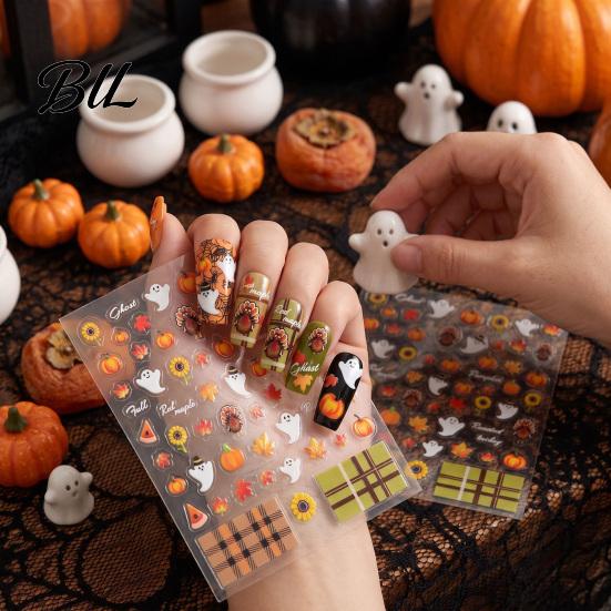 Fall Themed Nail Accessories Art Stickers for Halloween Thanksgiving, Autumn Turkey Pumpkin Maple Leaf Manicure Sticker, Embossed Waterproof Adhesive