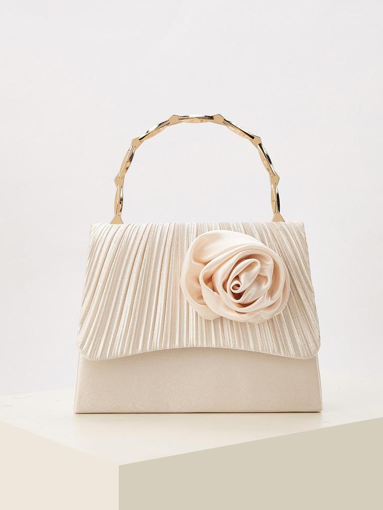 Goldfarbener Bambusgriff Plissierte Satin-Abendtasche mit Blumendesign