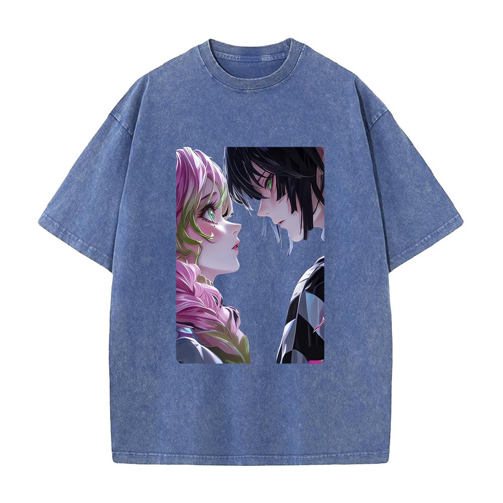 Iguro Obanai Kanroji Mitsuri Demon Slayer Print T-shirt Men Women Short Sleeve Clothing Cotton Tshirt Harajuku Washed Tops Tee