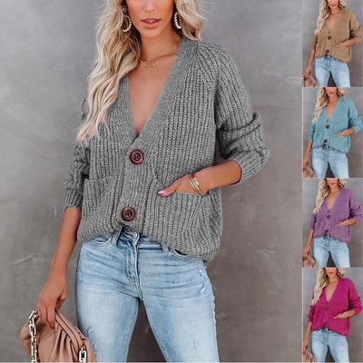 Herbst und Winter Unifarbener V-Ausschnitt Strickjacke Einreiher Langärmeliger Pullover Jacke Strickjacke Pullover