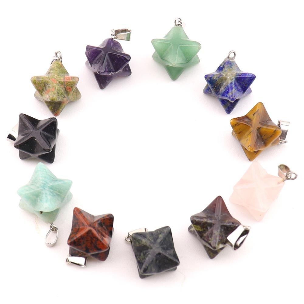 Natural Stone Crystal Agate, Large 24Mm Kabar Star Amethyst Pendant, Geometric Hexagram Necklace N757.