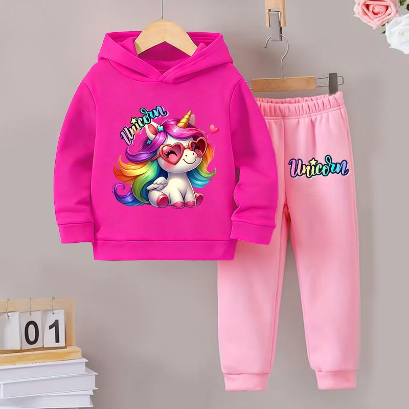 Girls Autumn/Winter 2Piece Set Cute Unicorn Print Hooded Sweatshirt Pants Warm Casual Stylish Active Play Perfect for Outdoor