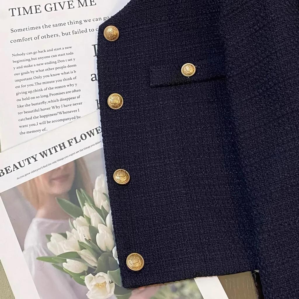 Small Fragrant Style Suit Jacket for Women Spring Autumn Round Neck French Splicing Design Short Top
