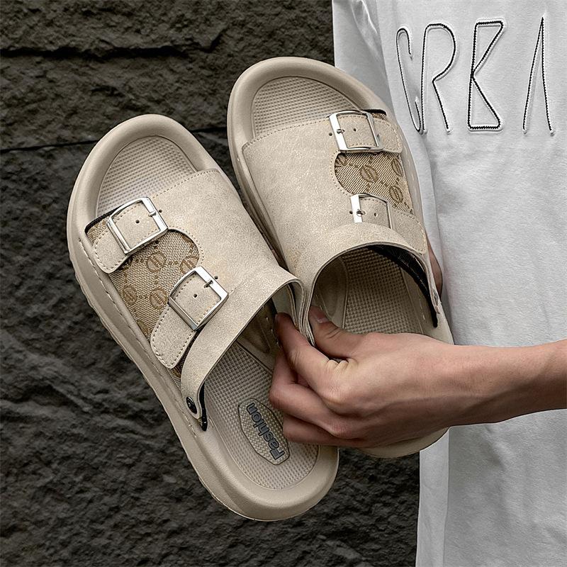 Summer Holiday Shoes Mens Sandals Outdoor Flat Non-slip Male Footwear Fashion Brand Black Beige Shoes Thick Sole