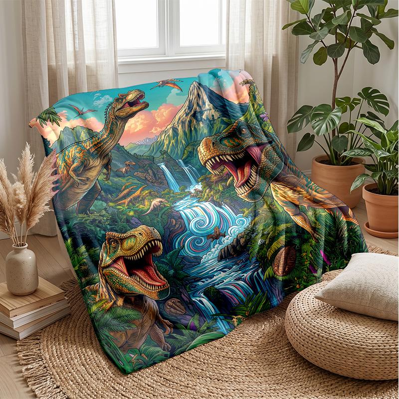 Dinosaur Adventure In Paradise Blanket Personalized Name Flannel Blanket Soft Cozy Plush Throw for Sofa Bed Lightweight Home Decor