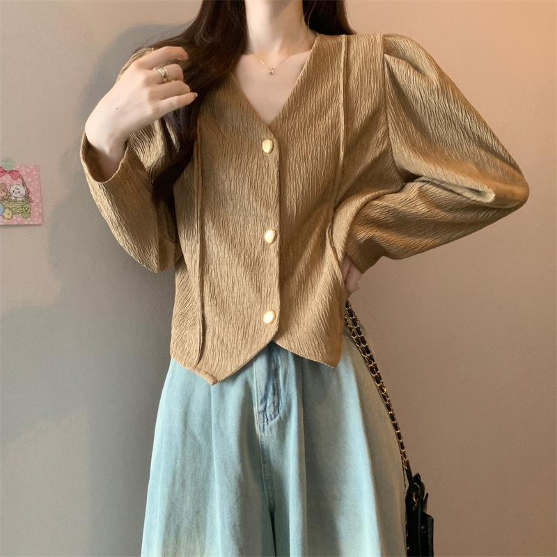 Design V Neck Knit Cardigan Women Autumn Winter Youthful Slim Color Block Puff Long Sleeve Crop Top